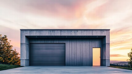 Obraz premium Modern garage with a wooden exterior, a large garage door, and a single door open to a breathtaking view of the sky ablaze with the hues of sunset. 