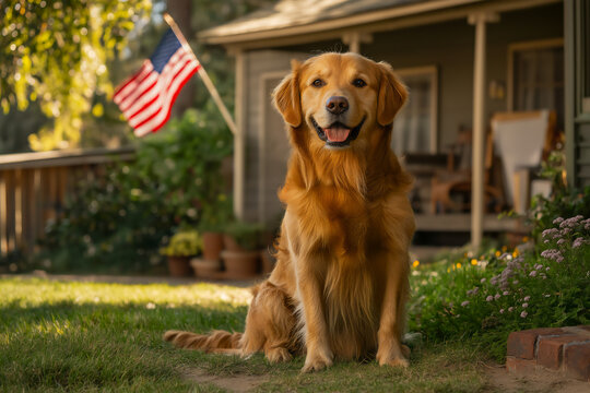Happy Golden Retriever sitting in front yard of home, American flag on pole, Fourth of July concept
