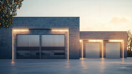 Modern Industrial Garage: A sleek, modern industrial garage with three large doors bathed in the warm glow of evening light. The concrete facade, minimalist design.