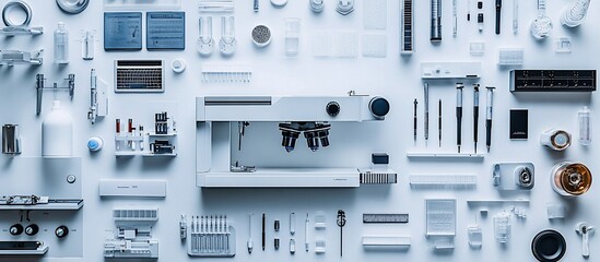 Laboratory equipment and tools arranged on a blue background, showcasing scientific research essentials