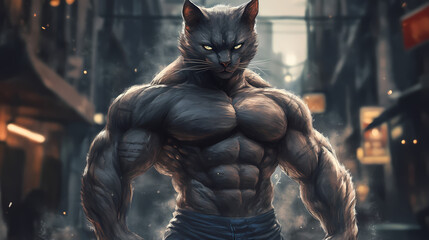 Muscular anthropomorphic cat with powerful physique. Hybrid Creatures. Illustration