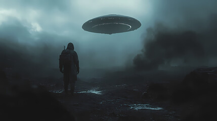 Ufo sighting reveals an alien pilot and their craft hovering above the darkened ground. Hybrid Creatures. Illustration