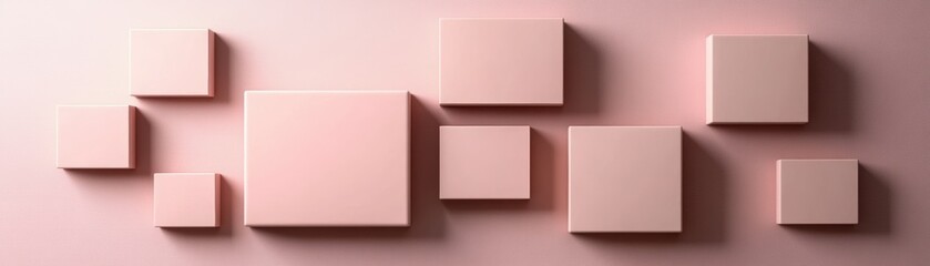 A minimalist composition featuring pastel pink boxes arranged on a soft pink background, ideal for use in branding, packaging, or website design to convey elegance and simplicity,