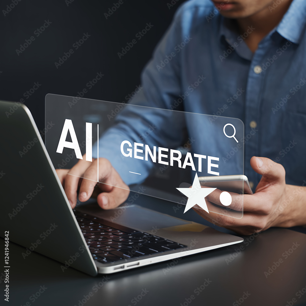 Poster ai revolution: person using ai image, video, and text generators. explore the power of ai prompt eng
