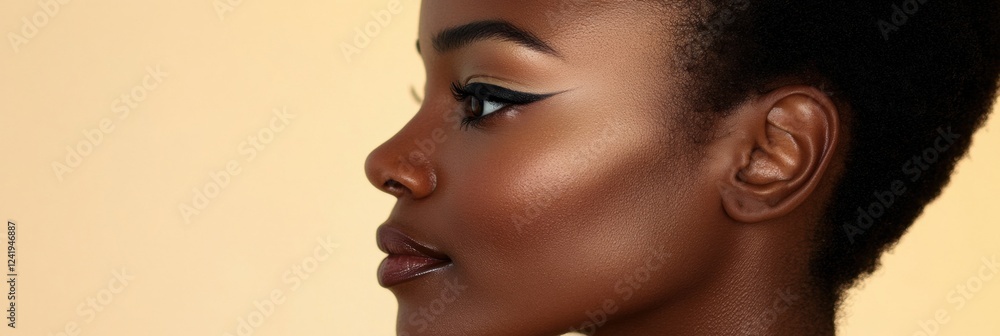 Poster side by side comparison of natural beauty and glamorous makeup on a womans face in a studio setting.