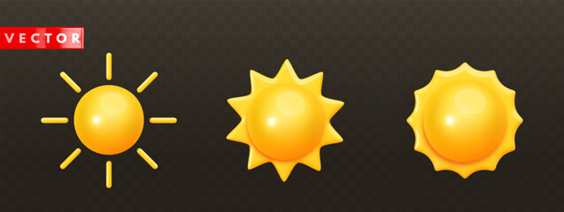 Set of yellow glossy sun icon with rays in realistic style isolated on transparent dark background. Weather icons design for website and mobile app. 3d sunny day sign. Vector illustration