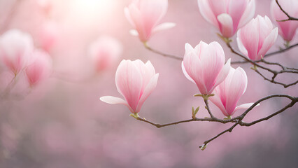 Obraz premium close-up: blooming magnolia branch on pink background