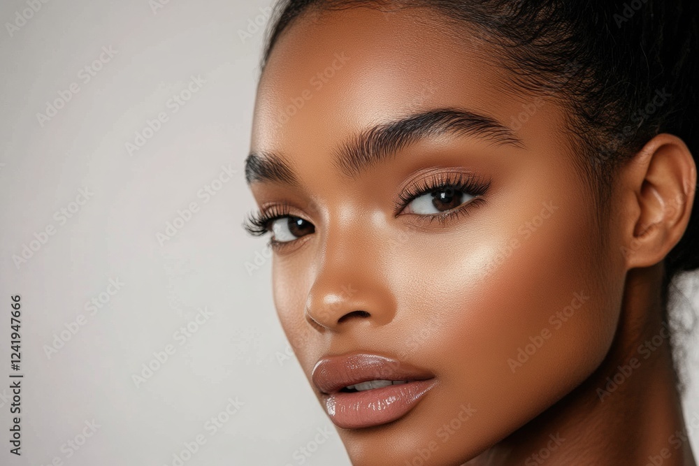 Poster face showcasing natural beauty on one side and glamorous makeup on the other side in a studio settin