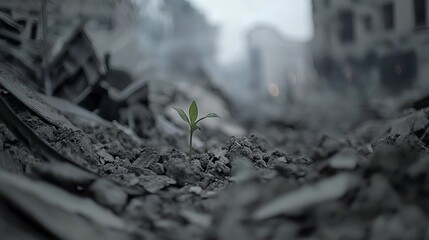 A resilient green sprout emerges from cracked earth, symbolizing hope amid destruction and rebuilding.