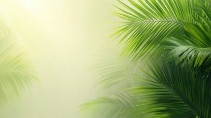 Lush green palm leaves softly illuminated against a gentle, blurred backdrop, perfect for use in nature-themed projects, relaxation spaces, or tropical decor