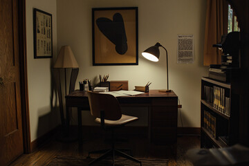 a cozy home office setup, late night work, entrepreneur writing notes, warm desk lamp glow