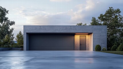 Modern Minimalist Garage: A contemporary garage with sleek lines and minimalist design, featuring a dark grey concrete facade, a modern door, and a subtly lit entryway.