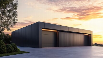 Fototapeta premium Modern Black Garage at Sunset: A sleek and contemporary black garage with double doors stands against a backdrop of a stunning sunset sky.