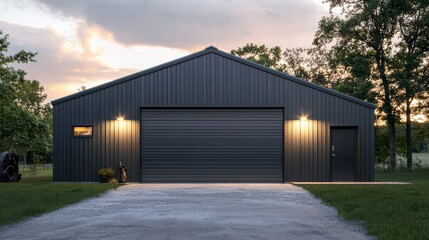 Obraz premium Modern Metal Garage: A sleek and contemporary metal garage with a double door and a single side door, bathed in the soft glow of the evening light.
