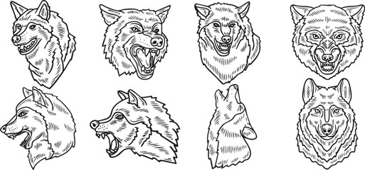 wolf tattoo set, wolf head illustration set of wolf head, wild tattoo set, vectro illustration, wolf hand drawing 