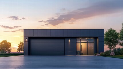 Obraz premium Modern Minimalist Garage: A sleek and contemporary garage with a black exterior and large glass door, bathed in the warm glow of a picturesque sunset.