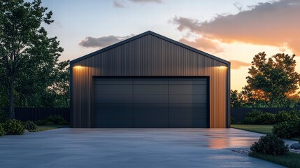 Fototapeta premium Modern Garage at Sunset: A contemporary-style garage with sleek black doors and warm wooden siding stands against a breathtaking sunset, with soft light illuminating the scene.