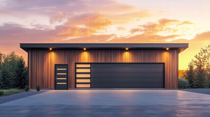 Fototapeta premium Modern Garage with Sunset: A contemporary wood-clad garage stands against a vibrant sunset sky, showcasing sleek lines and modern design. The two-car garage door features a stylish glass panel insert.