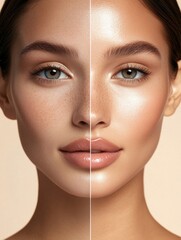 Natural beauty contrasts with glamorous makeup on one half of the face at a beauty studio. Generative AI