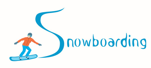 Popular Extreme Winter Sport. Snowboarder in helmet does tricks, stunts. Snowboarding typography style. Vector illustration on white background.