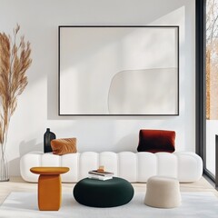 Contemporary Living Room With Minimalist Furniture, Showcasing Modern Decor, Elegant Art, Natural Light Inviting Space