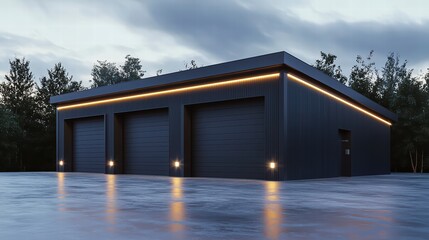 Fototapeta premium Modern Triple Garage at Dusk: A sleek, contemporary triple garage, clad in dark gray, is dramatically illuminated by warm LED strip lighting along the roofline.