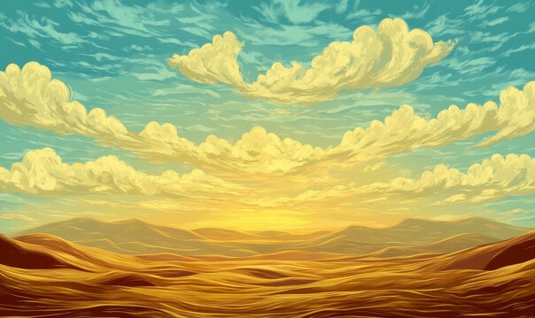 Golden sunset, rolling hills, cloudy sky, vibrant colors, peaceful landscape.