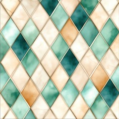 A vibrant mosaic pattern featuring diamond shapes in shades of teal, cream, and earthy tones, ideal for backgrounds, home decor, or design projects needing a contemporary and artistic touch,