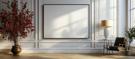 Elegant interior scene with a blank canvas, stylish furniture, and a decorative tree in soft light