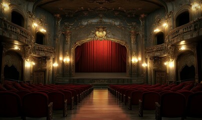 Obraz premium Grand interior of a historic theater with elegant red seating and ornate architecture