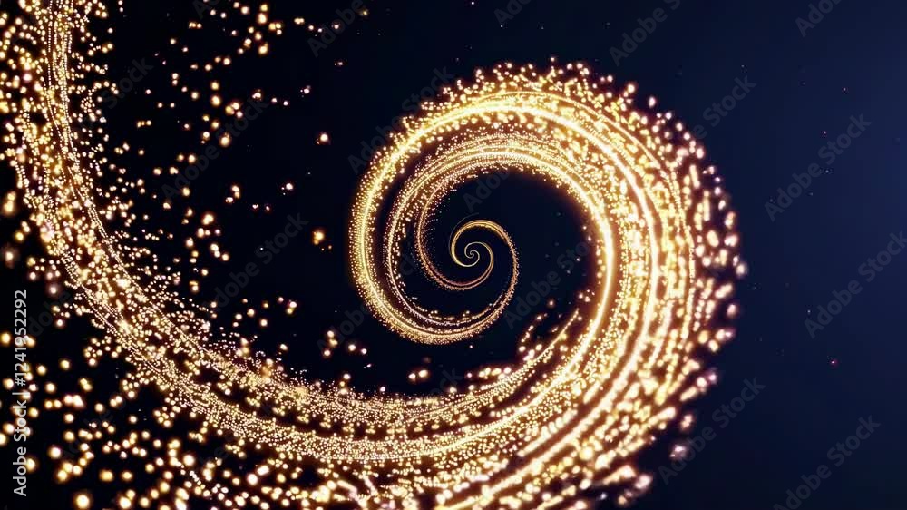 Poster golden spiral with glowing particles on dark blue background. abstract swirling light trail animatio