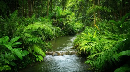 Lush Green Jungle Landscape with Calm Stream Flowing Through Forest