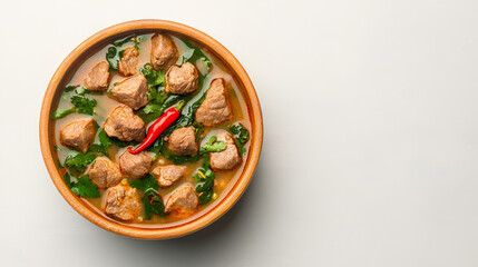 Rich and flavorful egusi soup in a rustic bowl with meat and greens garnished with red chili under soft natural light