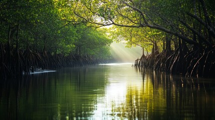 Serene Mangrove Waterway Surrounded by Lush Greenery and Sunlight
