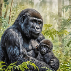 Obraz premium watercolor of a mountain gorilla cradling a baby in the dense foliage of Bwindi Impenetrable Forest