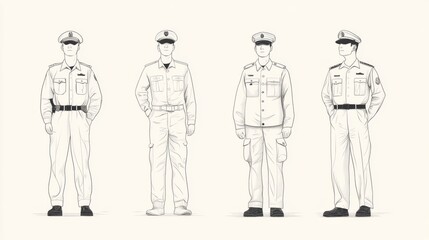 Four police officer uniform designs, studio shot, white background, for law enforcement training