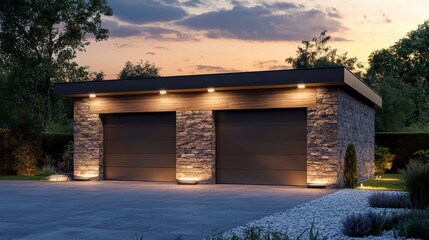 Fototapeta premium Modern Stone Garage: A sleek, modern two-car garage with stone exterior illuminated by warm light at dusk, exudes sophistication and functionality for homeowners seeking style and practicality.