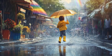 Fototapeta premium Joyful Kid Leaping in Rainy Street, Colorful Umbrella, Happy Child, Puddle Jumping, Cityscape, Wet Asphalt, Yellow Raincoat, Rainbow, Asian Market