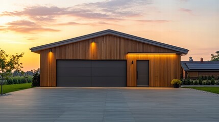 Modern Garage at Dusk: A contemporary wooden garage with sleek gray doors and warm lighting stands majestically against the backdrop of a vibrant sunset sky, exuding a sense of style.