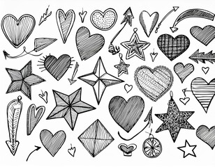 set de dessins de coeurs, étoiles et flèches au crayon ou stylo noir, styles différents, en ia, amour et émotions sur fond blanc
