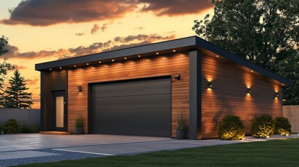 Fototapeta premium Modern Garage Design at Dusk: A contemporary detached garage with a sleek wooden facade, illuminated by warm lighting against a stunning sunset backdrop.&nbsp;