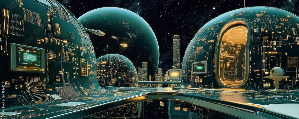Poster in the digital city of the future, located in space, s of circuit boards and hardware highlight wire