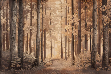 Fototapeta premium Sublime Serenity: An Intricate Woodland Pyrography Depicting Nature's Tranquility