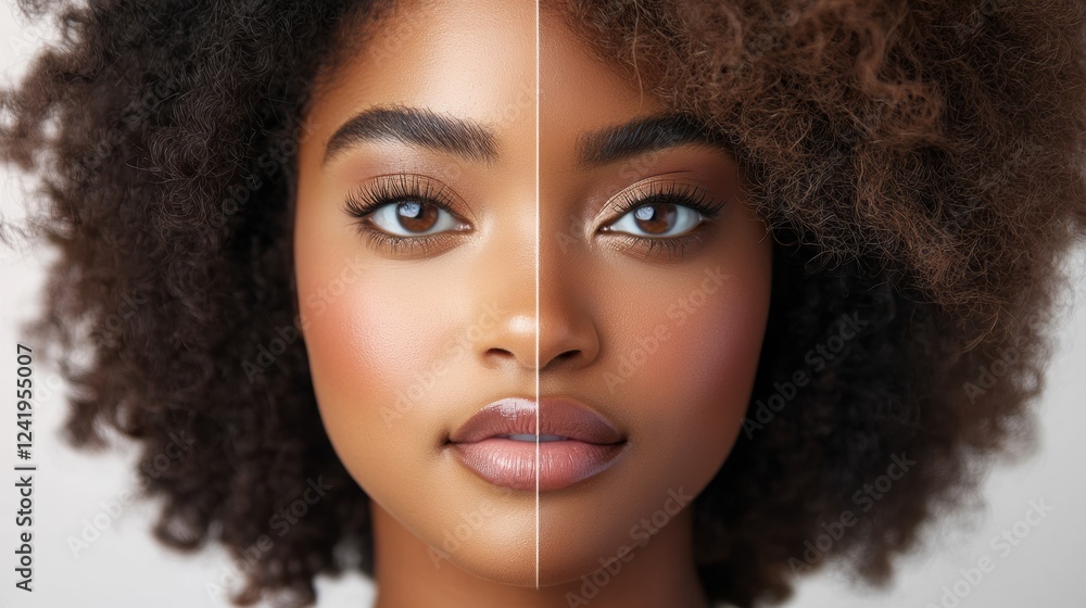 Poster face split showing natural beauty on one side and elaborate makeup on the other in a neutral setting