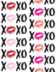 Vector seamless pattern of hand drawn sketch doodle xoxo lettering with lips imprint isolated on white background