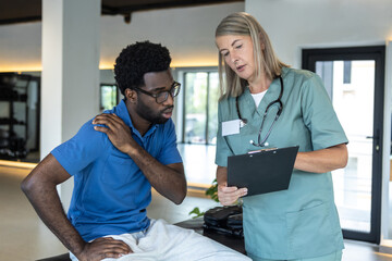 Obraz premium Female physical therapist talking to male patient and making notes