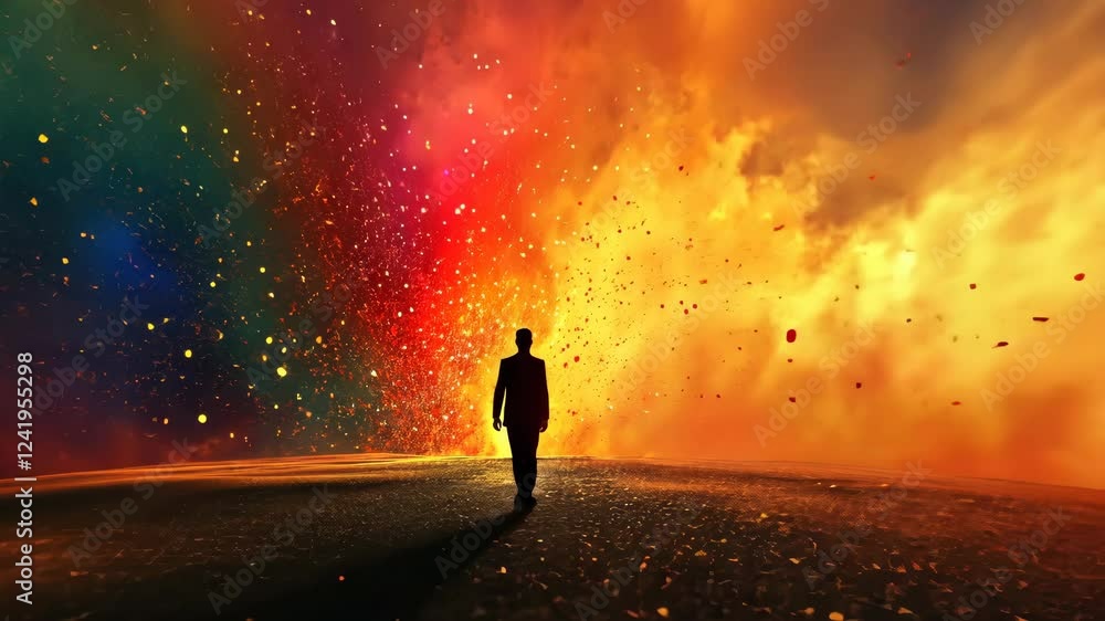 Poster A solitary figure stands amidst a mesmerizing explosion of colorful light and particles, creating a stunning visual spectacle. The vibrant hues of red, orange, and green form a breathtaking background