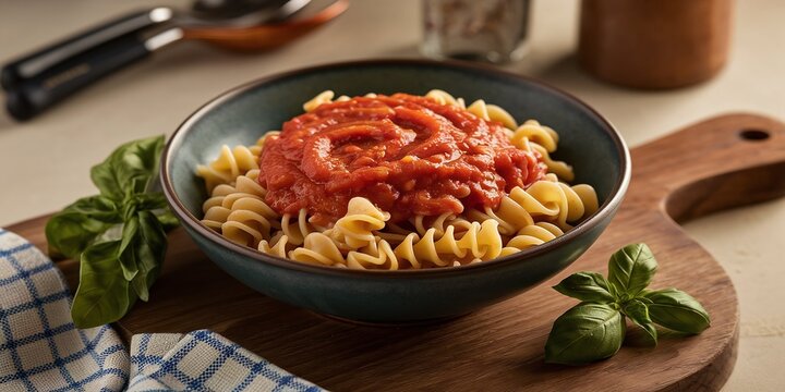 Delicious plate of fusilli pasta topped with rich tomato sauce and fresh basil - Powered by Adobe