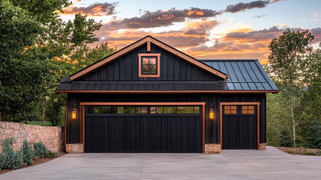 Modern Black Barn Garage: A sleek, modern detached garage boasts a striking black exterior with copper accents, set against a picturesque sunset backdrop.