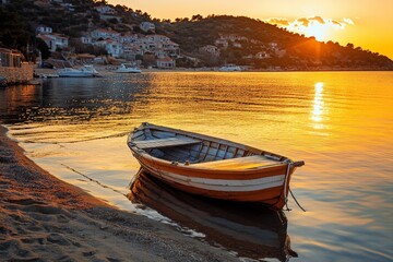 Fototapeta premium A small wooden boat peacefully floats near the shore during golden hour. The warm sunlight casts reflections on the water, creating a serene atmosphere by the coastal village